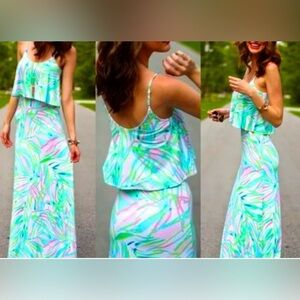 New Lilly Pulitzer HARRINGTON MAXI DRESS SKYE BLUE SALUTE Pink Green Blue